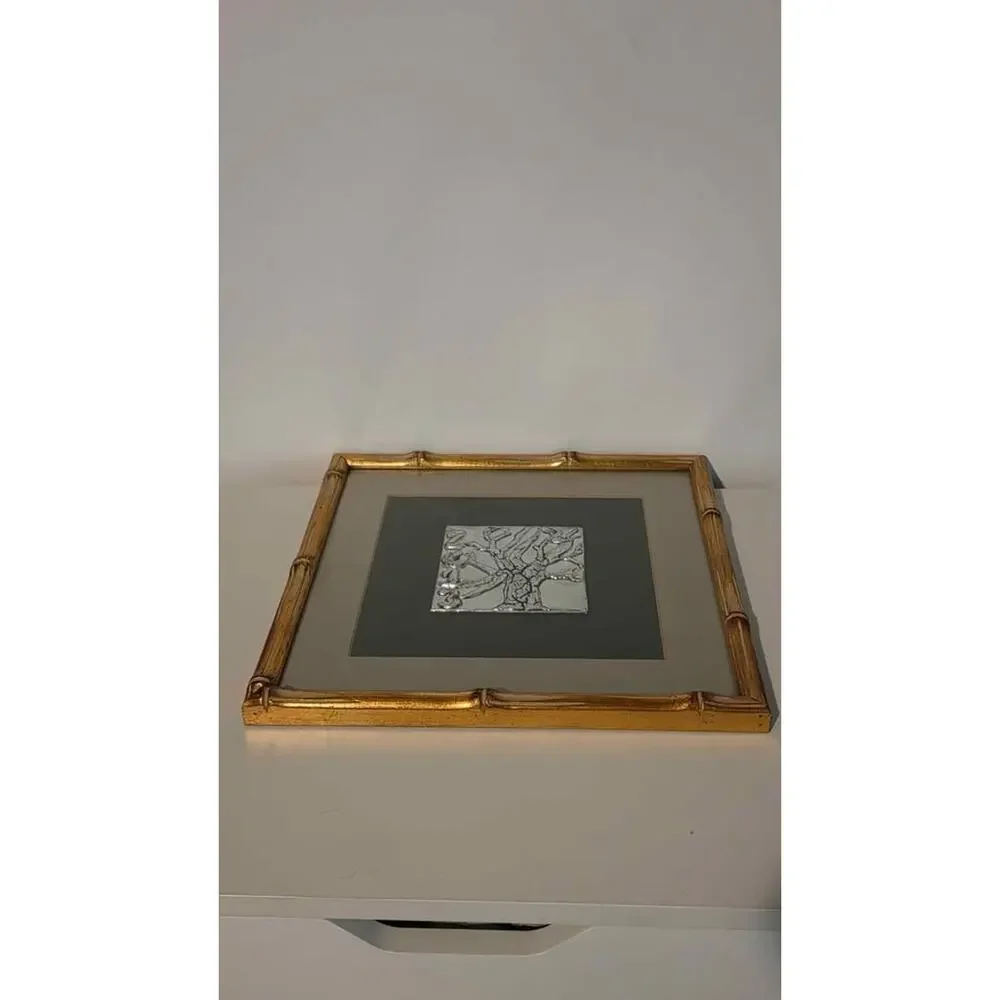 Framed Metal Foil Relief Tree of Life Art in Gold Bamboo Frame 12